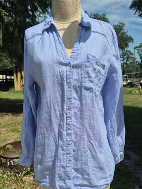 Sigrid Olsen 100% Linen Light Blue Button Up V Neckline Long Sleeve Shirt Size L